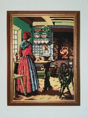 Framed Vintage Needlepoint Kitchen Scene - Multicolor